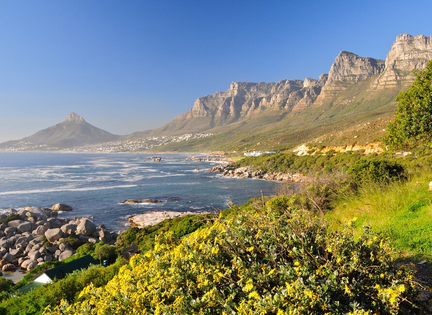 View of the twelve apostles mountain chain bathed in sunshine, Cape Town, South Africa