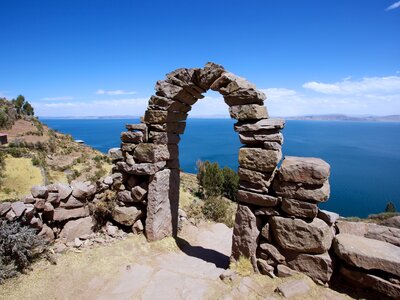 Taquile Island and stonework arch, Lake Titicaca, Peru