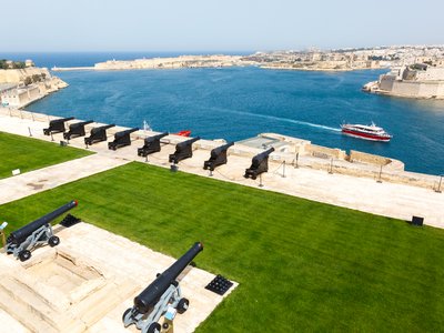 Cannons aimed towards sea at Saluting battery and Grand Harbour of Valletta, Malta