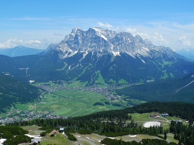 High view of Zugspitze mountain in distance with towns, fields of grass, and pine forests beneath, Austria