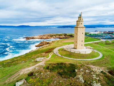 Aerial view of Tower of Hercules or Torre de Hercules ancient Roman lighthouse in A Coruna in Galicia, Spain