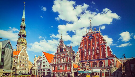 Riga Town Hall Square, House of the Blackheads and St. Peter's Church, Riga, Latvia