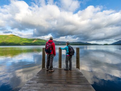 Derwentwater Lake view being enjoyed by two people at end of Ashness Pier