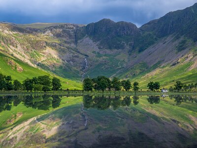 Panoramic Landscape shot of Buttermere lake and Lake District Peaks with reflection