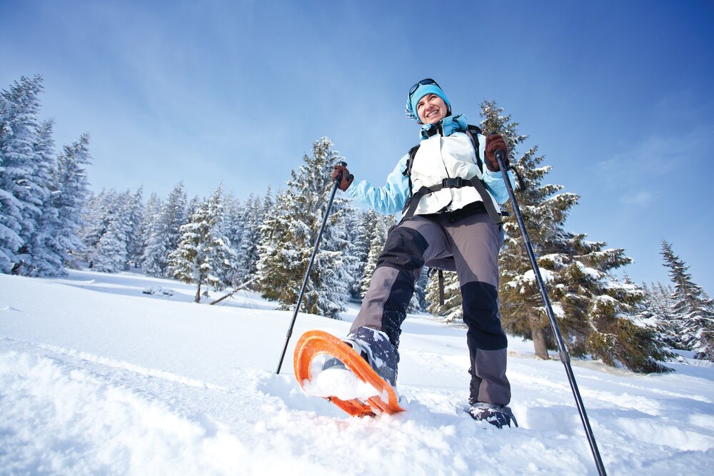 Low angle looking up of woman snowshoeing through snow-covered pine forest on sunny day