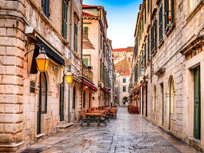 Dubrovnik old city street view (medieval Ragusa) in Stradum area, Dubrovnik, Croatia