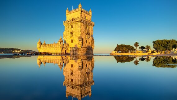 Castle in Lisbon bathed in evening sun light, Portugal