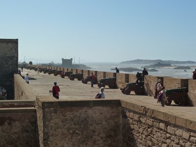 Essaouira fort ramparts with canons pointing out to sea, Morocco