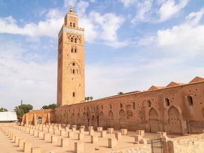 Koutoubia mosque in Marrakech, Morocco, against a blue sky