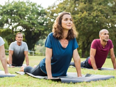 Men and women in yoga class doing exercise outdoors on grass