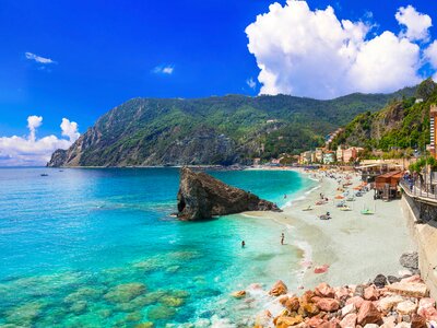 Monterosso al mare with great beaches, Cinque Terre national park in Liguria, Italy