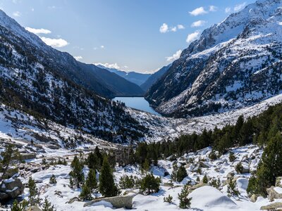 Cavallers reservoir in National Park of Aigüestortes and lake of Sant Maurici, Lleida, Catalonia, Spain