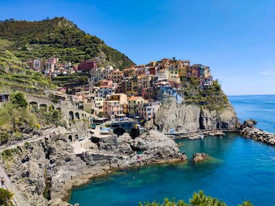 Cinque Terre coastal landscape with colourful buildings situated on cliff mountainside, Italy