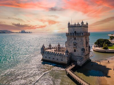 Aerial view of Tower of Belem at sunset, Lisbon, Portugal on the Tagus River