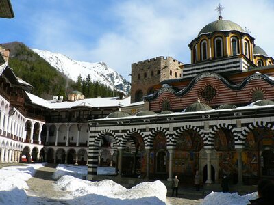 Monastery of Saint John of Rila, Rila Monastery Eastern Orthodox monastery in Bulgaria covered in snow in sunny day