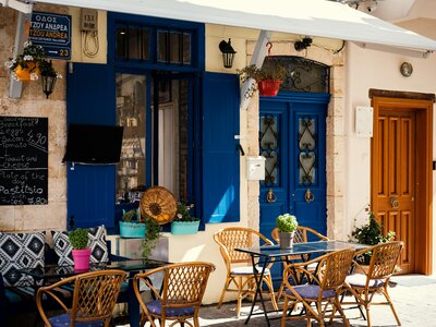 Outdoor café in Chania on sunny day, Crete, Greece