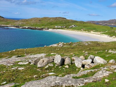 Hushinish beach viewed from far distance on rocky and grassy green hill, West Harris, Outer Hebrides, Scotland