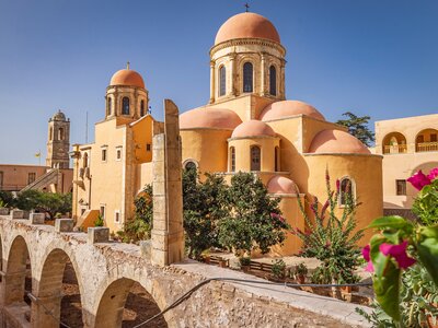 Side angle view of Agia Triada (Holy Trinity) Monastery, Akrotiri, Crete, Greece, Europe