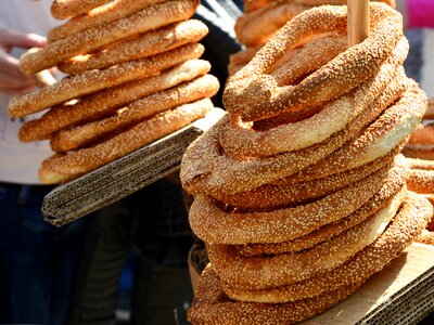 Close up of Greek sesame bread rings Koulouri Thessalonikis street food