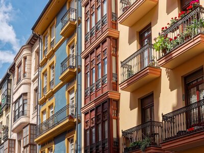 Colourful facades in Plaza Unamuno, Unamuno Square, centre of Casco Viejo, Old Town of Bilbao, Spain