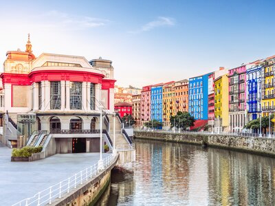 Bilbao old town colourful cityscape on riverbank at Basque Country, Spain
