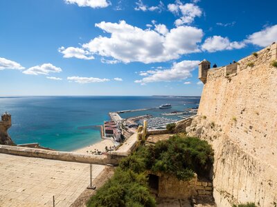 View of Alicante from Santa Barbara Castle with turquoise and light blue sea in distance on sunny day, Spain