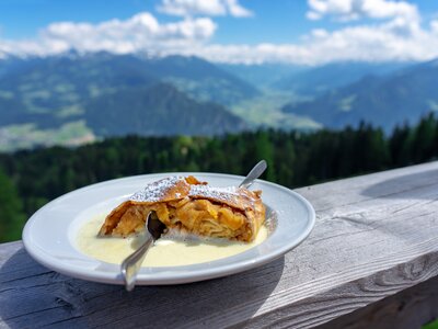 Traditional apple strudel dessert with vanilla sauce placed on long wooden table with mountain view