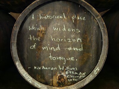 Chalk writing on sherry wine barrel at sherry wine distillery in Spain