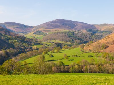 Green hill landscape on sunny spring day, Llangollen, Denbighshire, Wales, UK