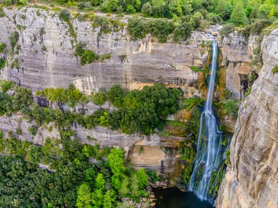 Salt de Sallent waterfall near the village of Rupit viewed from above, Catalonia, Spain