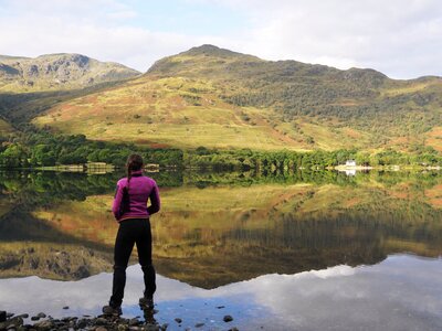Hiker standing by the Loch Lomond with mountains reflected in still waters, Scotland