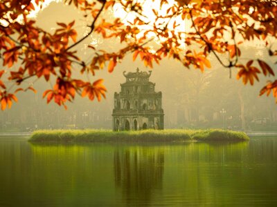Tranquil Turtle Temple in the centre of a lake, Hanoi, Vietnam