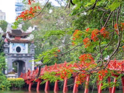 Ngoc Son Temple and distinctive red bridge, Hanoi, Vietnam