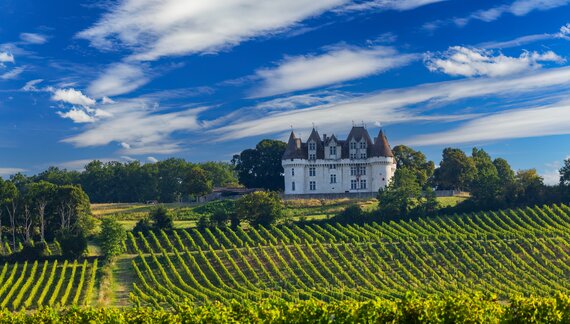 Chateau Monbazillac Monbazillac castle with vineyards, Aquitaine, France