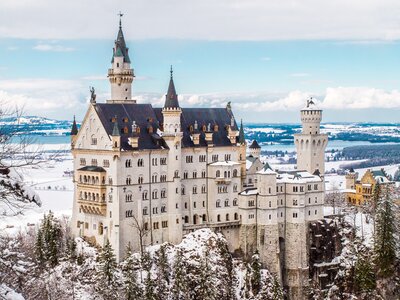 Neuschwanstein Castle at sunset in winter landscape, Germany