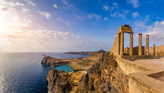 View along the rugged coastline and ancient Greek ruins on Crete