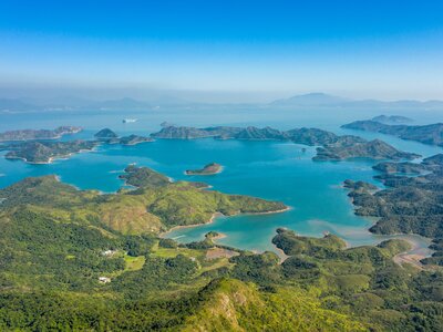 Aerial view of Double Haven harbour enclosed by Double Island, north eastern New Territories, Hong Kong