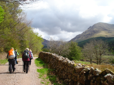 Walking group of four on pathway next to fell in Ennerdale, Lake District, Cumbria, UK