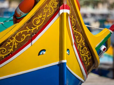 Details of colourful traditional Maltese fishing boat, Marsaxlokk port, Malta