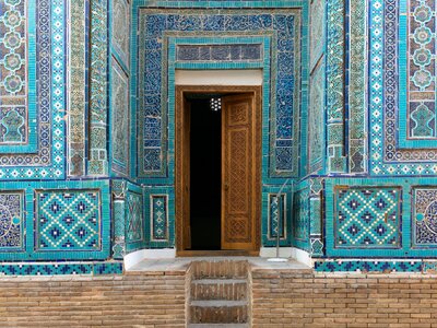 Entrance of highly detailed blue-tiled mausoleum, complex of the mausoleum of Shahi Zinda, Samarkand, Uzbekistan