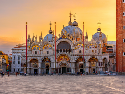 Basilica di San Marco and on piazza San Marco in Venice during sunrise, Italy