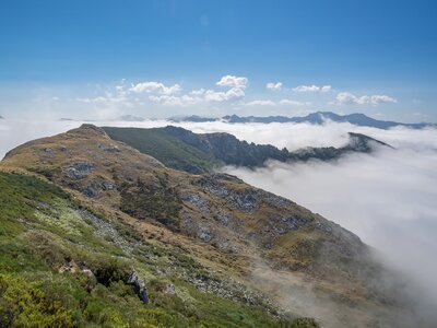 Mountain ridge above clouds with clouds hovering close to ridge in distance on sunny day, Picos De Europa, Spain